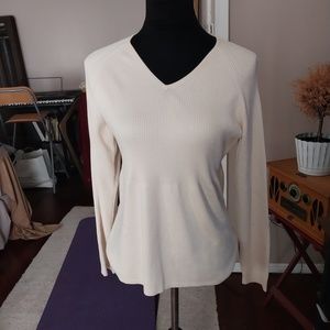 Cream White V-Neck Silk Sweater | Size XL